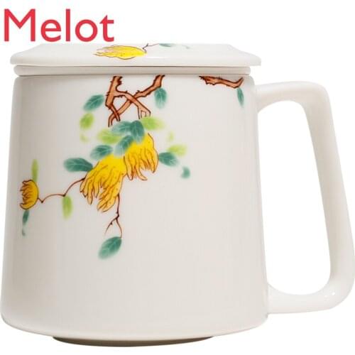 Pure Hand Drawing Blanc De Chine Chayote Cup Ceramic Filter with Cover Tea Drinking Cup Office Mug