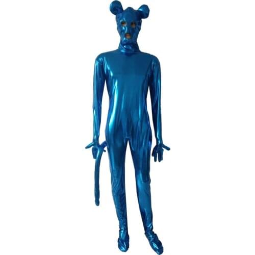 Men‘s Fancy Dress Shiny Metallic lake Blue cat Animal Zentai jumpsuit With ear tail For Halloween Party Open Eyes mouth