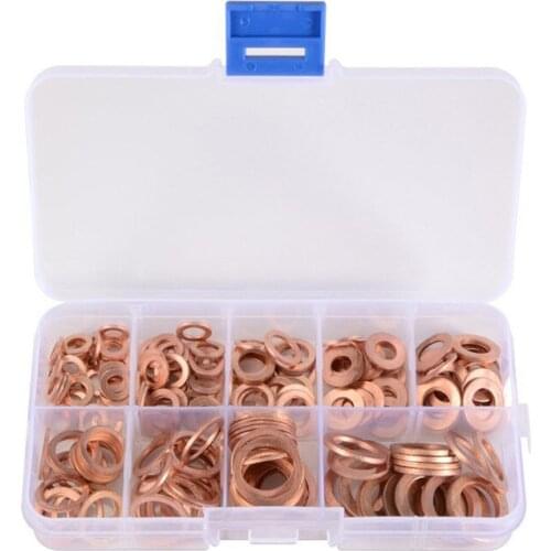 FATCOOL 200pc/set Copper Washer Gasket Set M5-M14 Flat Ring Seal Kit Set With Plastic Box For Generators Hardware Machinery