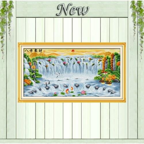 Great falls lotus carp mountain sun paintings Counted print on canvas DMC 14CT 11CT Cross Stitch Needlework kits Embroidery Sets