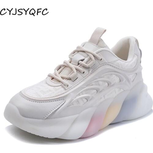 CYJSYQFC Autumn Genuine Leather Women Sneakers Breathable Comfortable Casual Platform Shoes Rainbow Thick Bottom Lady Flat Shoes
