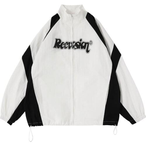 Street Hipster Color Patchwork Jacket Male Hip Hop Letters Print Zipper Sports Jackets Outwear Men Stand Up Collar Oversize Coat