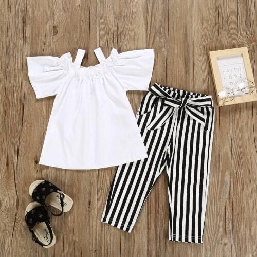 Summer Kids Girls Clothes Set New Off Shoulder Shirt+ Striped Pants 2PCS Girl Suit Children Clothing