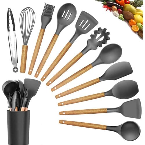 Best Silicone Cooking Utensil Set Wooden Handle Spatula Soup Spoon Brush Ladle Pasta Colander Non-stick Cookware Kitchen Tools