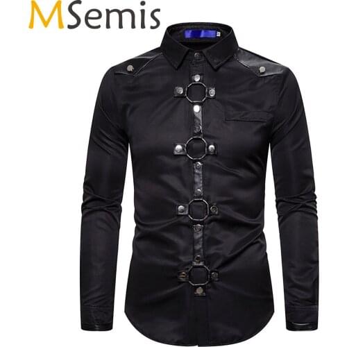 Gothic Steampunk Men Shirts Vintage O Ring Rivet Decor Long Sleeve Shirt Top Clubwear Man Rock Concert Stage Performance Costume