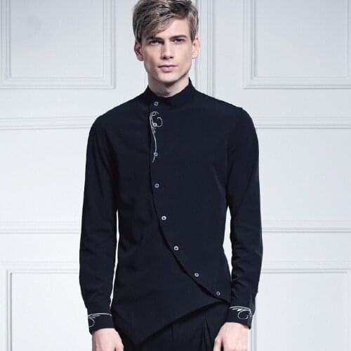 Mens Long Sleeve Shirt Jacquard Weave Oblique Button Placket Men Self-cultivation Front Swallowtail Stand Collar Trekking Shirt