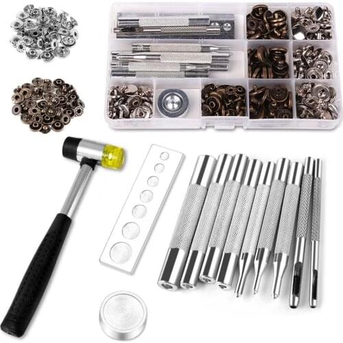 MIUSIE Leather Snap Fasteners Kit Metal Snaps with Setting Tools for Leather 2 Color Clothing Snaps Kit Hammer for Clothing