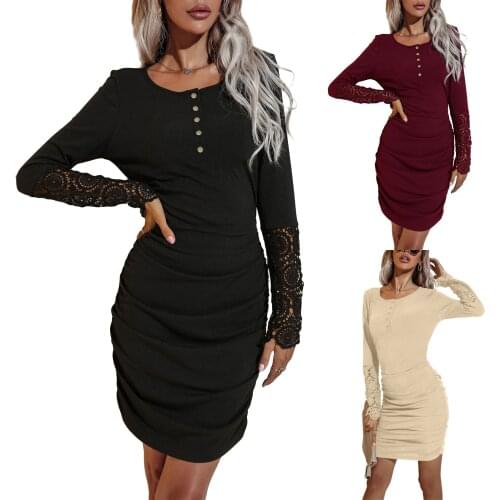 Autumn Women Party Dress Ruched Sheath Sexy Slim Solid Color Round Neck Lace Sleeve Female Dresses Office Clothing