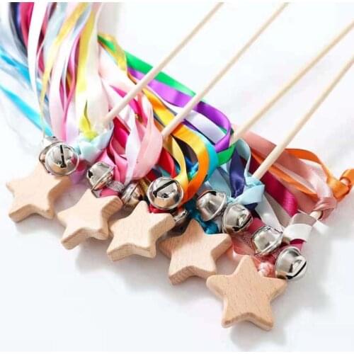 F62D Rainbow Wooden Rattle Star Ribbon Hand Bell Baby Rattles Play Gym Wooden Montessori Toys Educational Toys Baby Stuff