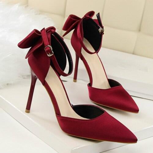 Plus Size Summer Solid Party Women Pumps Shallow Pointed Toe Buckle Strap Satin Upper Bow 10cm Thin High Heels Female Shoes
