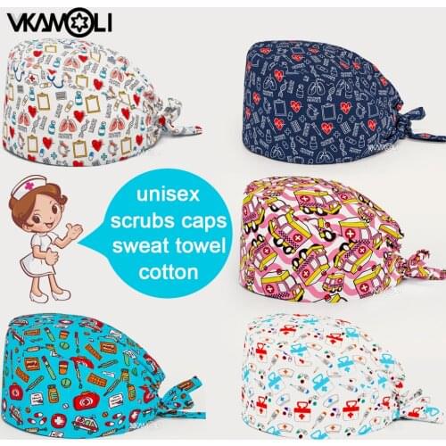 Vkamoli adjustable Unisex cotton flower Cartoon print hats beauty salon laboratory pet shop fashion Scrub Cap