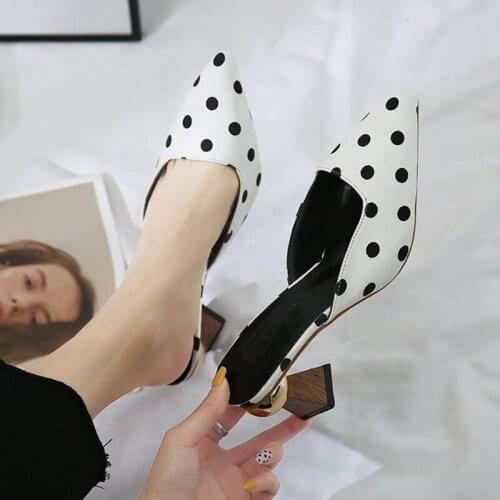 Polka Dot pointed toe mules wood high heels slippers women sandals ladies pantufa flip flops plating heels shoes woman slides