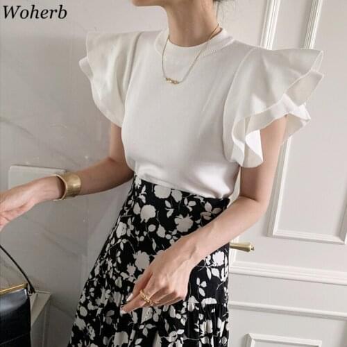 Woherb Women Casual Solid Ruffle Fly Sleeve T-shirt Korean Chic Slim Fit Rib Knit T Shirt Fashion Summer Autumn Elastic Tops