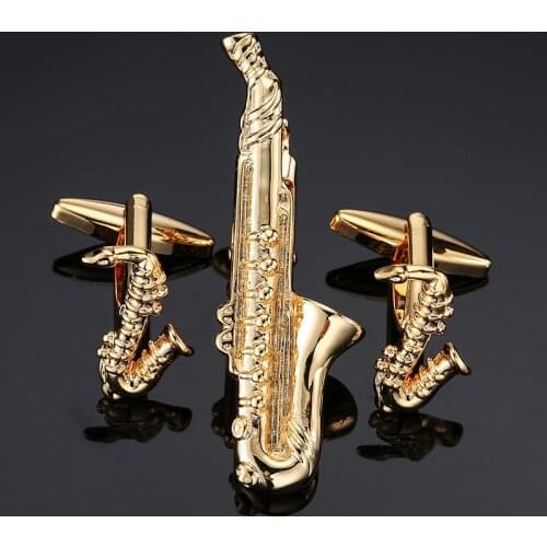 DY A new high quality music equipment gold Sax Cufflinks tie clip set mens fashion costume jewelry free shipping