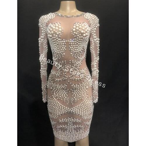Pearls Rhinestones Mesh Dress Evening Party Wear Long Sleeves Prom Luxurious Perspective Dress Singer Birthday Celebrate Dresses