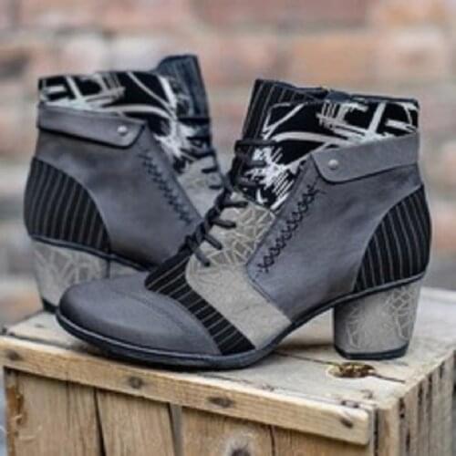 Autumn/Winter Pre-sale New Style Fashion Stitching Retro Flower Texture Thick Heel Lace-up Womens Boots