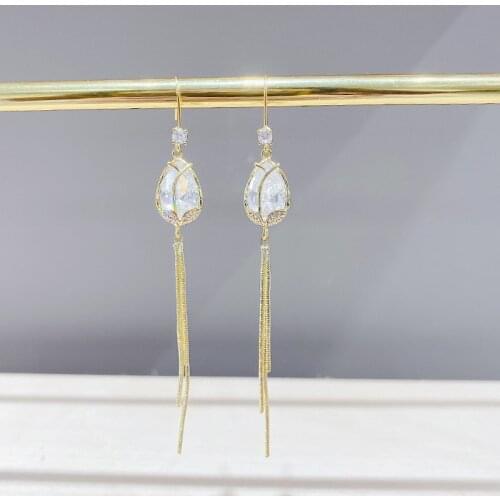Hot Sale Exquisite CZ Opal Tulip Stud Earrings Unique Delicate Long Tassel Earrings