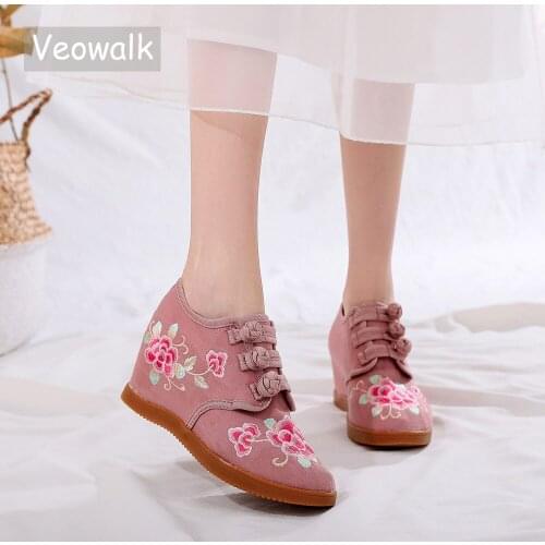 Veowalk Jacquard Embroidered Women Hidden Platform Sneakers Comfortable Casual Walking Shoes Low Top Retro Ladies Creepers
