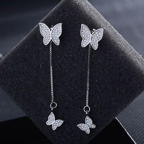 Creative New 925 Sterling Silver Statement Earrings For Women Dazzling Micro CZ Zircon Butterfly Tassel Earrings Jewelry