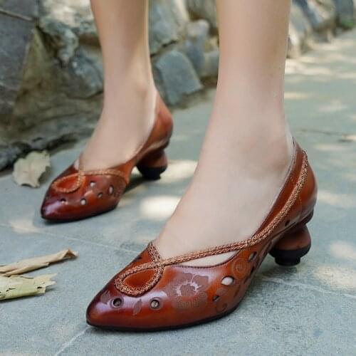 YourSeason Ladies Pointed Toe Pumps High Heels Genuine Leather Vintage Handmade Women Hollow Concise Casual Shoes 2021 New