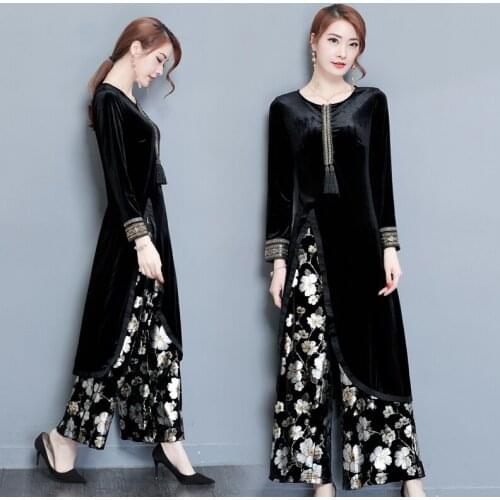 Woman Autumn and winter national costume set velvet cheongsam set two-piece dress + pants Slim thin woman Pants suit