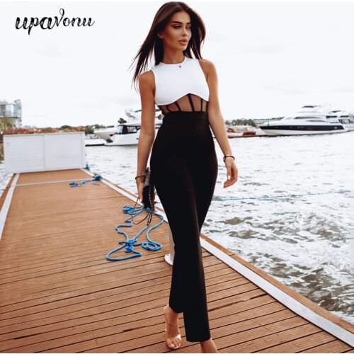 Free Shipping New Runway Bandage Jumpsuit Womens 2020 Elegant Sexy O-neck Sleeveless Contrasting Hollow Club Bodycon Jumpsuit