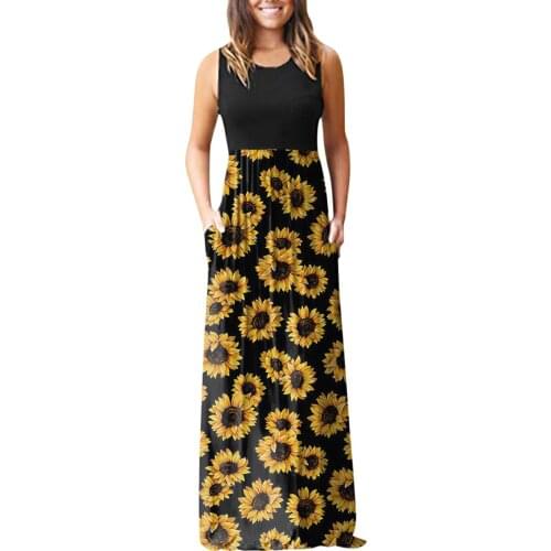 Women Sunflower Printed Sleeveless Long Dress Summer Elegant With Pockets Dresses Feminino O-Neck Straight Sundress Vestidos