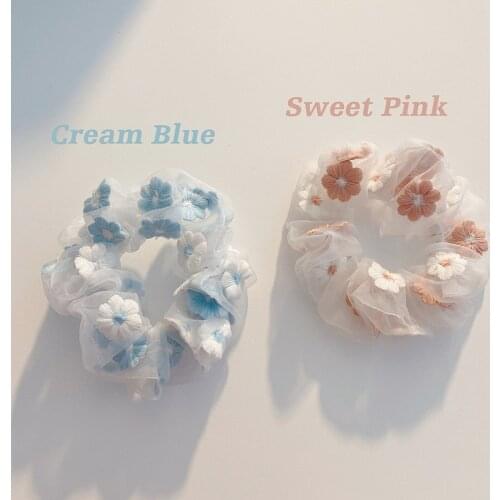 2021 Hot Brand Design Embroidery Hair Scrunchies Girls Kawaii Lace Mesh Hair Gum Ties Korean Janpan Style Crunchies Hair Rubber