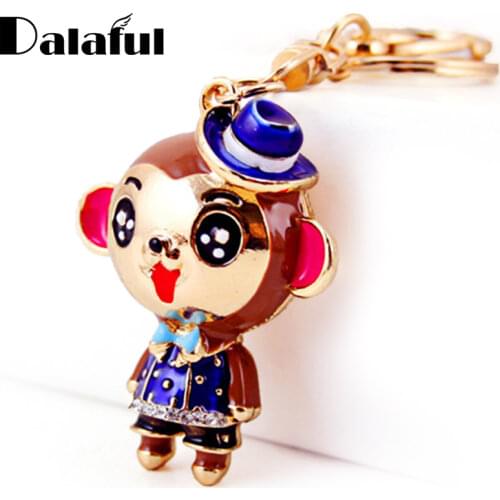 Dalaful Lovely Smile Monkey Flower Key Chains Rings Purse Bag Buckle Pendant For Car Enamel Cute Keyrings KeyChains K306