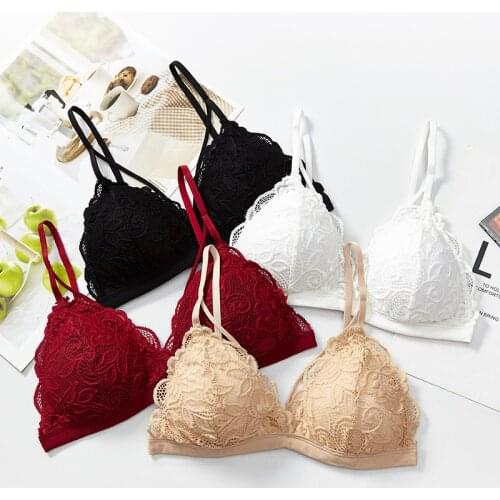Women Lace Bra Sexy Padded Backless Underwear Wire Free French Triangle Cup Thin Breathable Brassiere