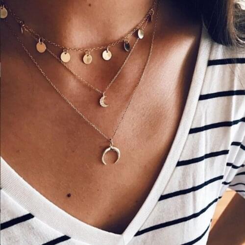 LIMARIO 2021 Bohemian Natural Simple Sequins Moon Chain Necklaces Pendants for Women Vintage Multi Layer Jewelry Collar