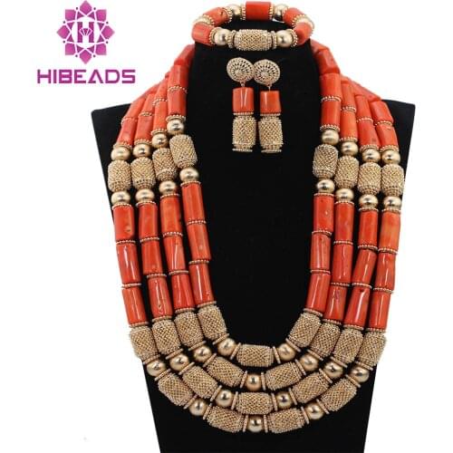 Marvelous 4 Layers Real Coral Beads Bridal Jewelry Set New Dubai Gold Wedding Coral Jewelry Set CNR719