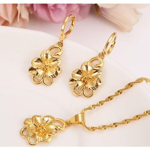 Ethiopian 24 k Fine Gold Filled big Flower set women girls Jewelry Pendant Chain Earrings African Bride Wedding Flower Bijoux