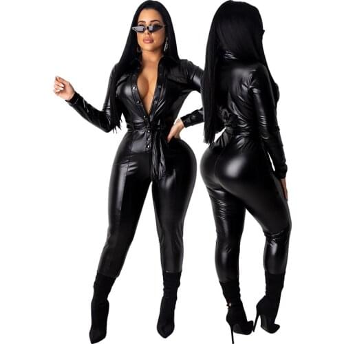 Women Sexy Faux Leather Latex Jumpsuits 2021 Sexy Smooth Wet Look Bodysuit Front Zipper Elastic Black PU Jumpsuit Slim Clubwear