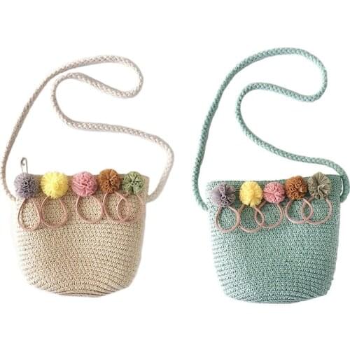 2Pcs Girls Shoulder Bag Straw Rattan Weave Crossbody Bag for Baby Girls Best - Beige & Green