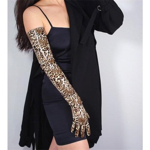 Leopard Extra Long Gloves 70cm Patent Leather Long Section Emulation Leather PU Bright Leather Brown Leopard Animal WPU23