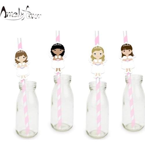 My First Communion Party Straws For Girls Paper Straws Birthday Event Party Decorations Supplies