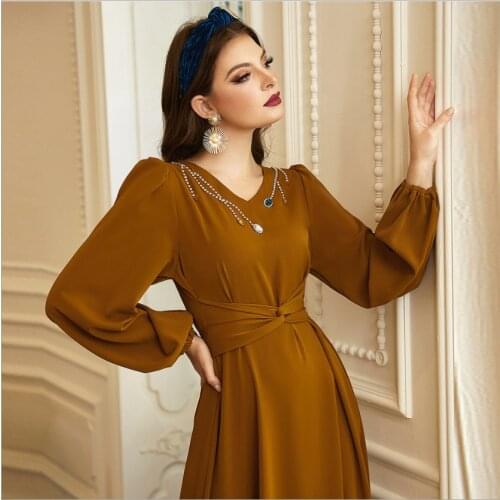 Muslim Dresses for Women 2021 Arabe V-neck Diamonds Long Sleeve Dubai Islamic Dress Turkish Abaya Mujer Robe Orientale Marocaine