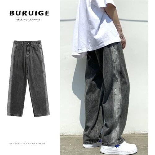 2021 Mens Classic Style Blue/black Color Jeans Straight Full Length Casual Pants Side With Holes Baggy Masculino Trousers M-2XL