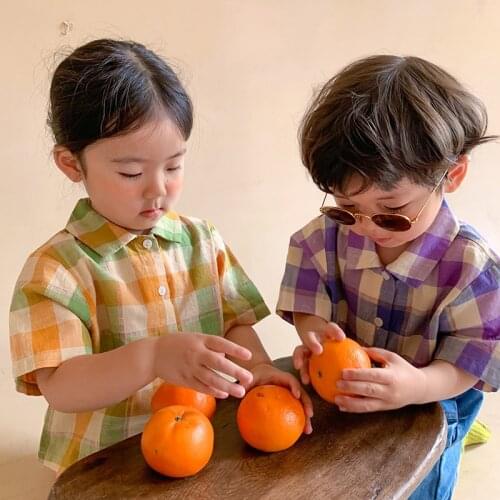 2021 Summer New Kids Shirt Plaid Tops for Boys and Girls Turn-down Collar Tees Casual Children Clothes