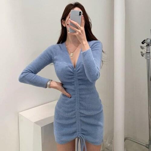 V Neck Drawstring Design Solid Dress Women High Waist Hip Skinny Sexy Vestidos Pullover Long Sleeve Knit Sweater