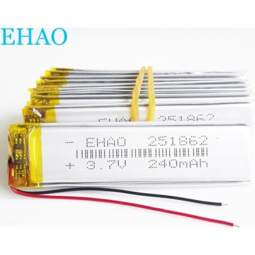 Wholesale 10 pcs EHAO 251862 3.7V 240mAh Lithium Polymer LiPo Rechargeable Battery For Mp3 GPS bluetooth headphone