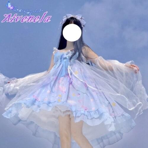 Japanese Lolita JSK Dress Sweet Soft Girls Spaghetti Sling Print Loli Bow Dresses Kawaii Girl Women Party Vestidos AFC1017
