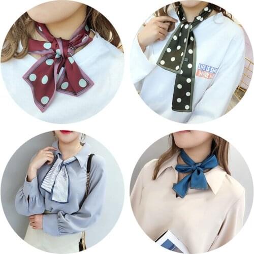 New Autumn Women Neck Tie Ribbon Silk Scarf Dot Plaided Stripe Heart Print Neckerchief Hair Band Bag Handle Wraps Skinny Scarves
