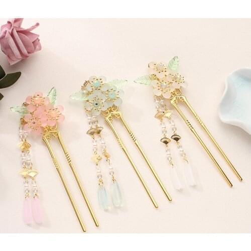 Flowers Crystal Beads Simulated Pearls Hair Stick Hairpins Traditional Vintage Long Tassel Pearls Hair Accessories For Bride