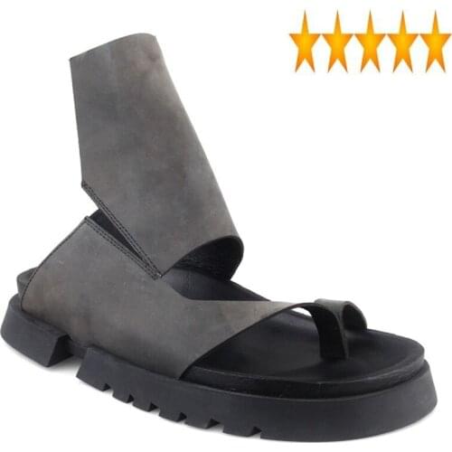 Summer Harajuku Mens New High Top Gladiator Man Genuine Leather Platform Runway Streetwear Flip Flop Sandals Shoes
