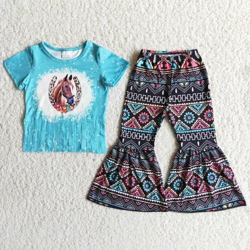 Baby Girls Blue Bleached Horse Print Outfits Clothes Summer Style Clothing 2Pcs Sets T-shirt Pants for Kids Clothes Children RTS