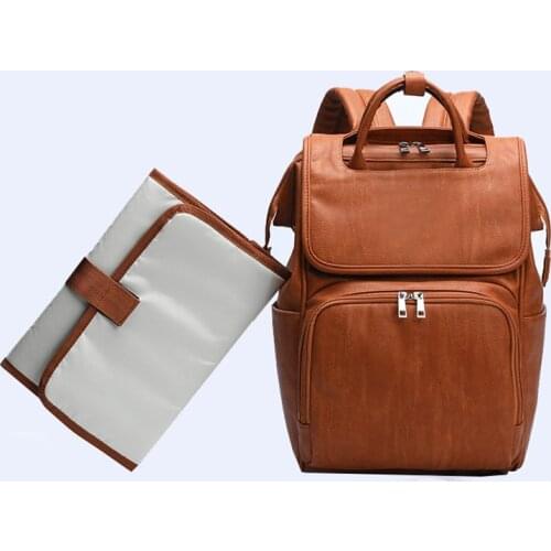 PU Leather Baby Diaper Bag Backpack For Moms Large Capacity Nappy Bag with Changing Pad + Stroller Straps Brown and Black