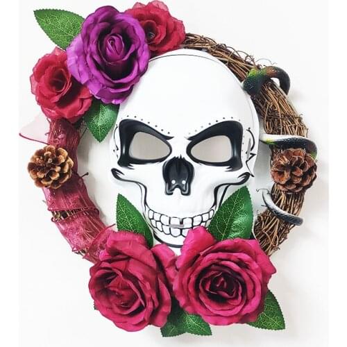 Purple And Wine Roses Wreath Home Decoration Door Decor Horror White Skull Artificial Flowers Garland For Halloween