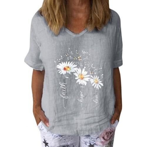 Casual Women T-shirt V Neck Marguerite Butterfly Printed Short Sleeve Blouse Top Summer Casual Loose Tops Plus Size Clothing
